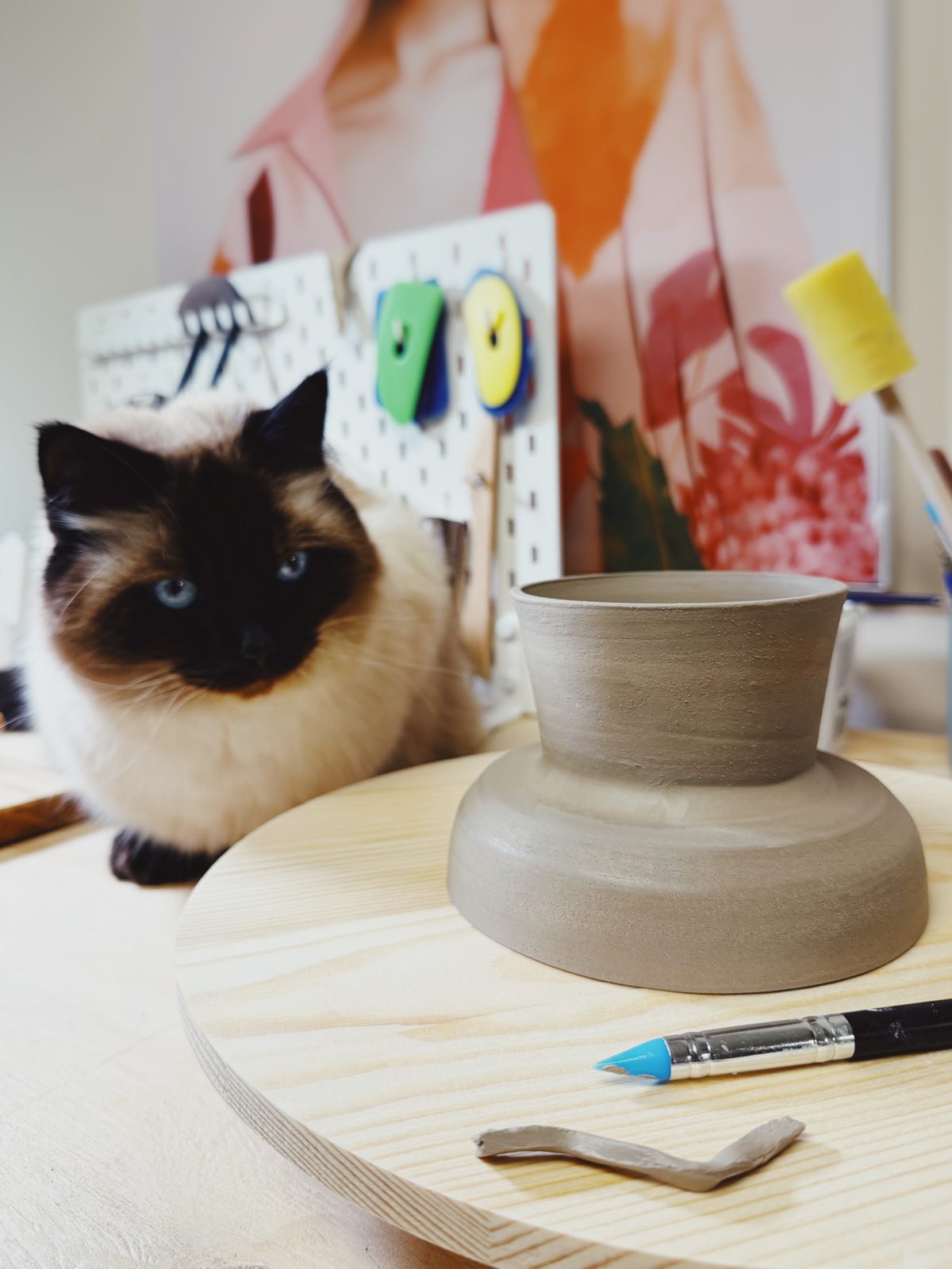 Een ongeglazuurde vorm op de draaischijf, met een kat die toekijkt